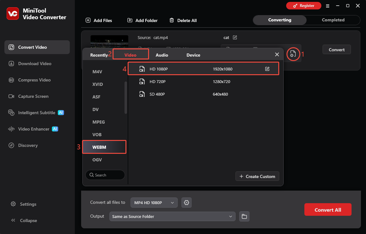 MiniTool Video Converter interface showing how to select WEBM as the output format.