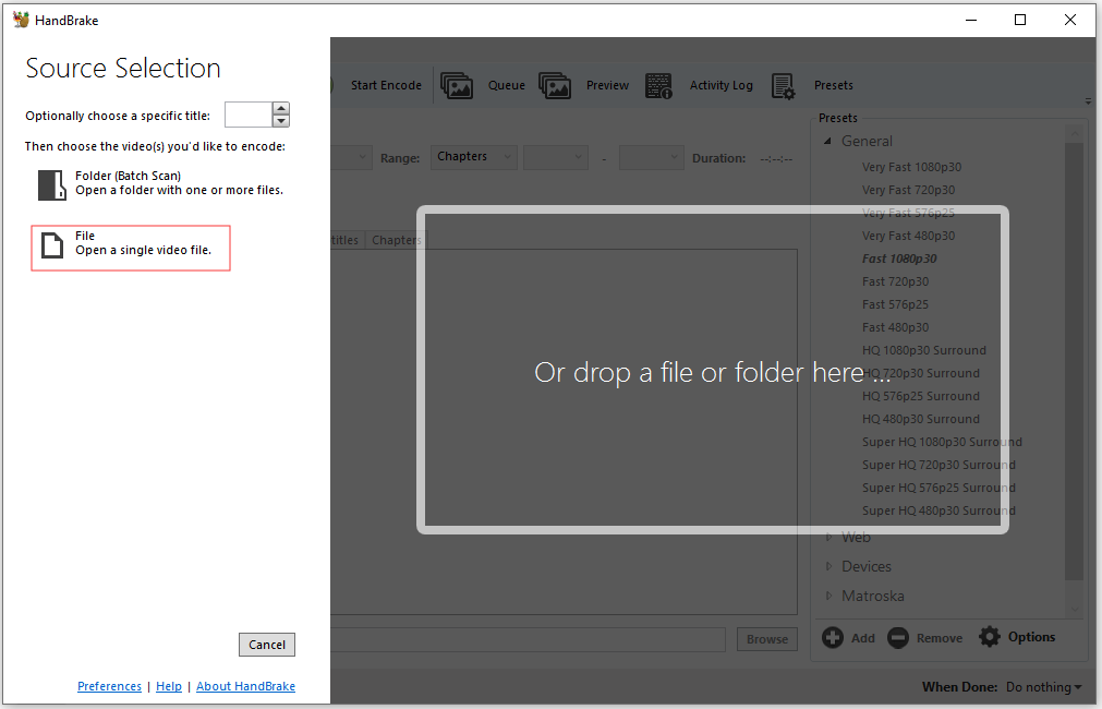 HandBrake interface with the File option selected.