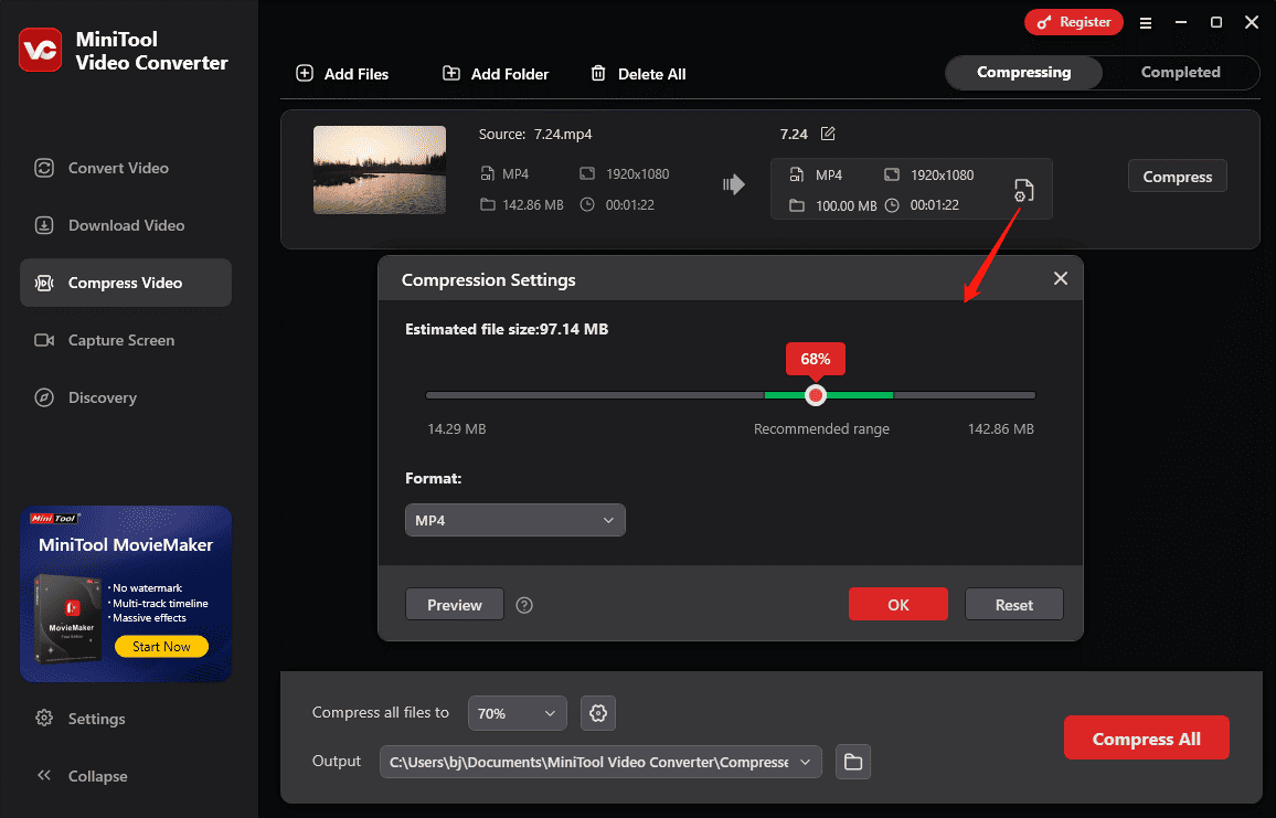 MiniTool Video Converter Compression Settings window showing how to lower the file size in the Compress Video tab.