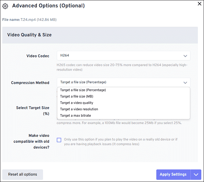 FreeConvert Advanced Options window showing how to adjust the compression percentage.