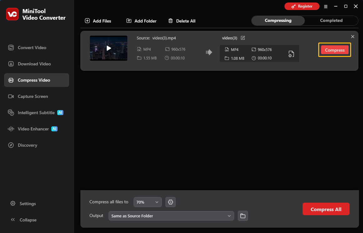 MiniTool Video Converter interface with the Compress button selected in the Compress Video tab.