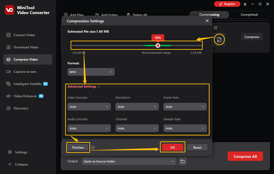 MiniTool Video Converter Compression Settings window showing how to change the compression level.