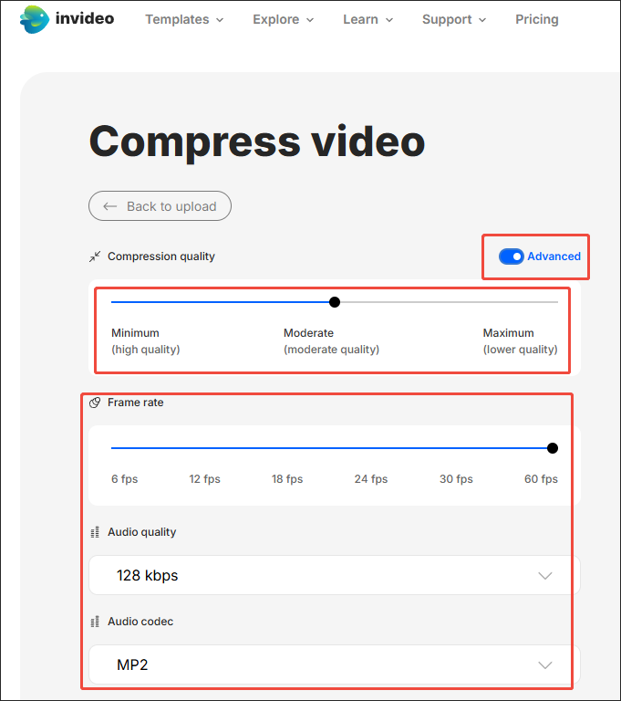InVideo interface showing how to reduce file size.