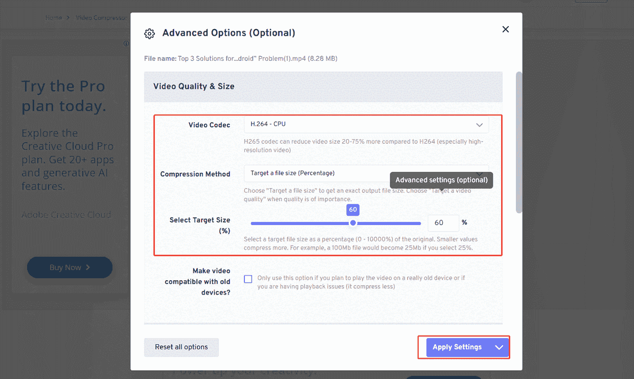 FreeConvert Advanced Options window showing how to set the compression level.