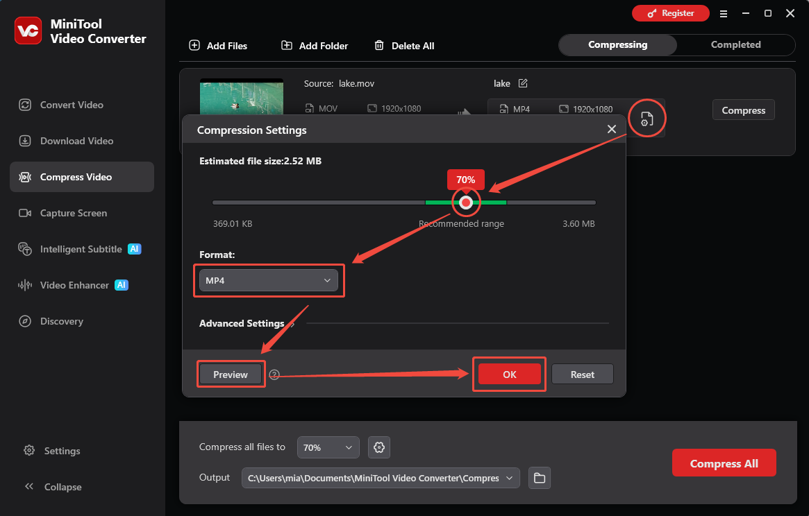 MiniTool Video Converter Compression Settings window showing how to set the output format and preview the video.