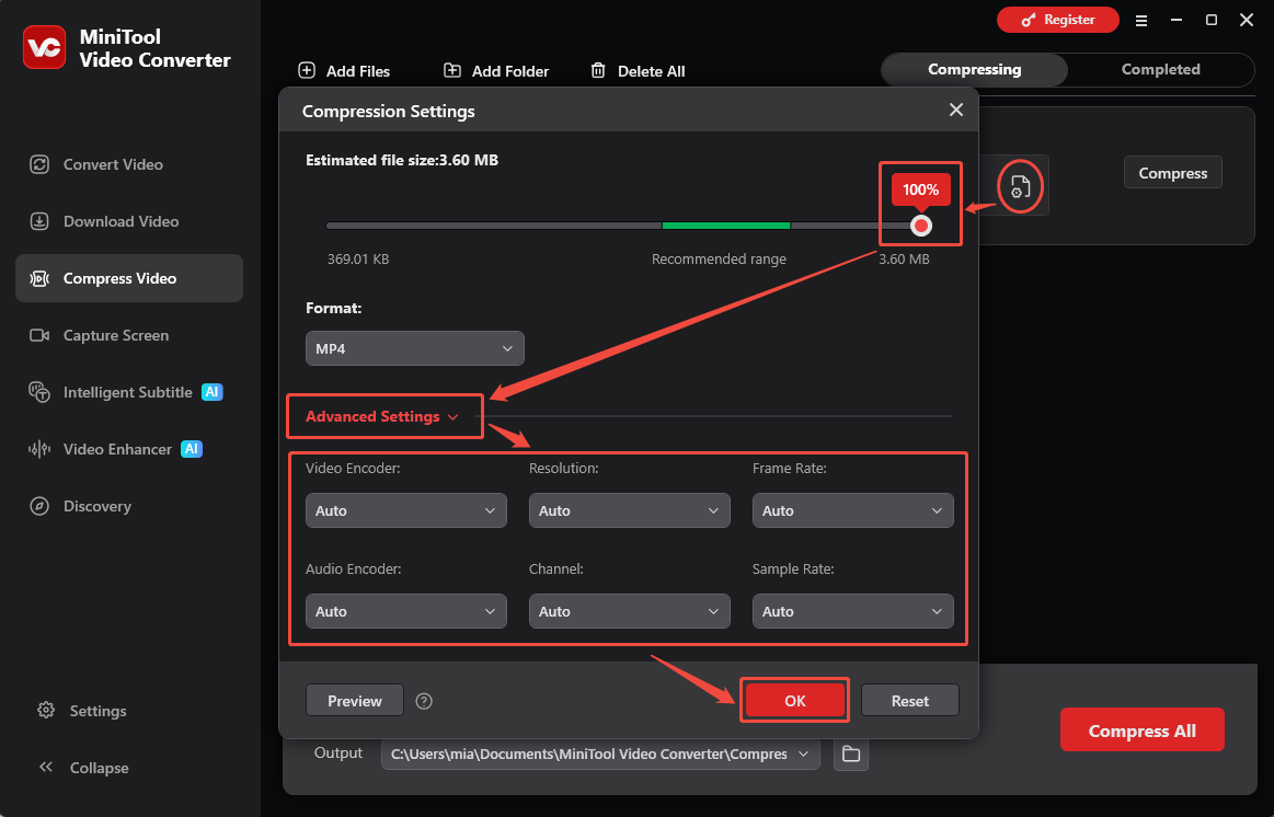 MiniTool Video Converter Compression Settings window showing how to adjust the video parameters.