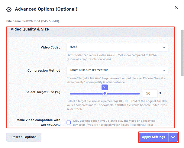FreeConvert Advanced Options Window showing how to reduce the file size.