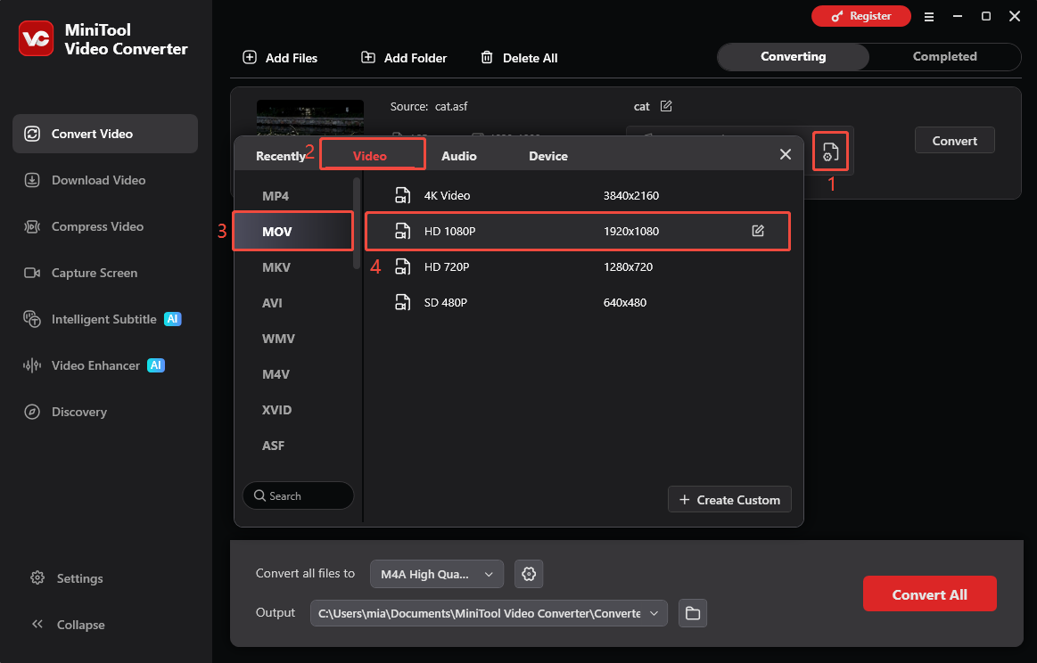 MiniTool Video Converter output window showing how to set MOV as the output format.