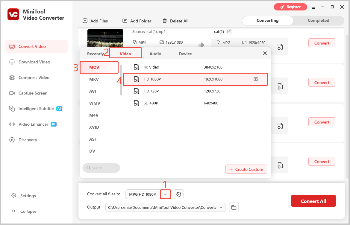 MiniTool Video Converter interface showing the steps to set MOV HD 1080P as the output format.