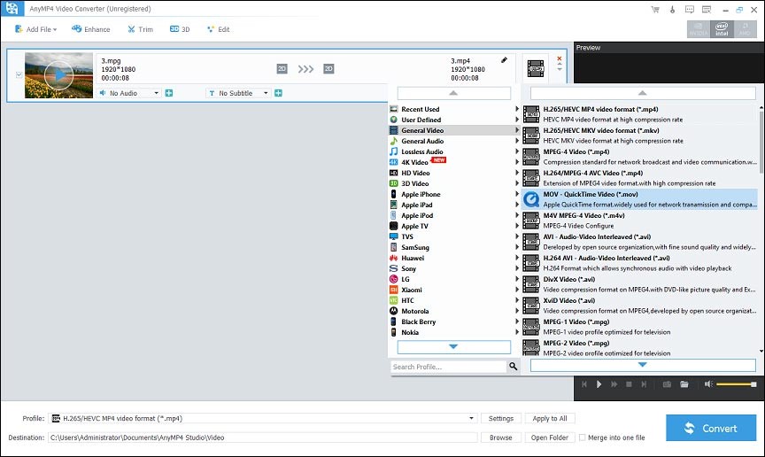 AnyMP4 Video Converter interface showing how to choose MOV as the export format.