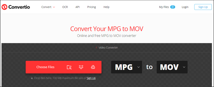 Convertio MPG to MOV conversion page.