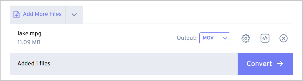 FreeConvert conversion page with an mpg to mov conversion task in the workspace.
