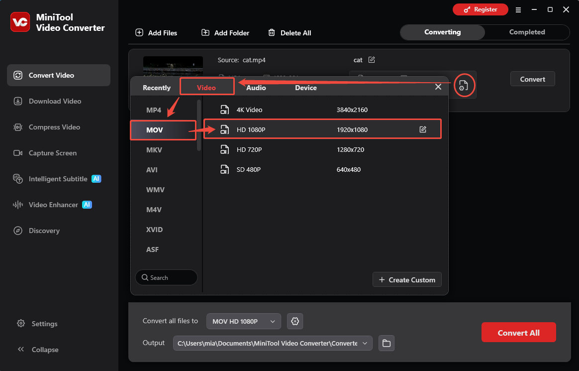 MiniTool Video Converter interface showing how to select MOV HD 1080P as the output profile.