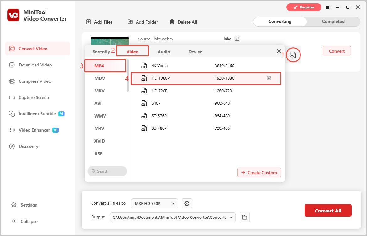 MiniTool Video Converter interface showing how to choose MP4 as the output format.