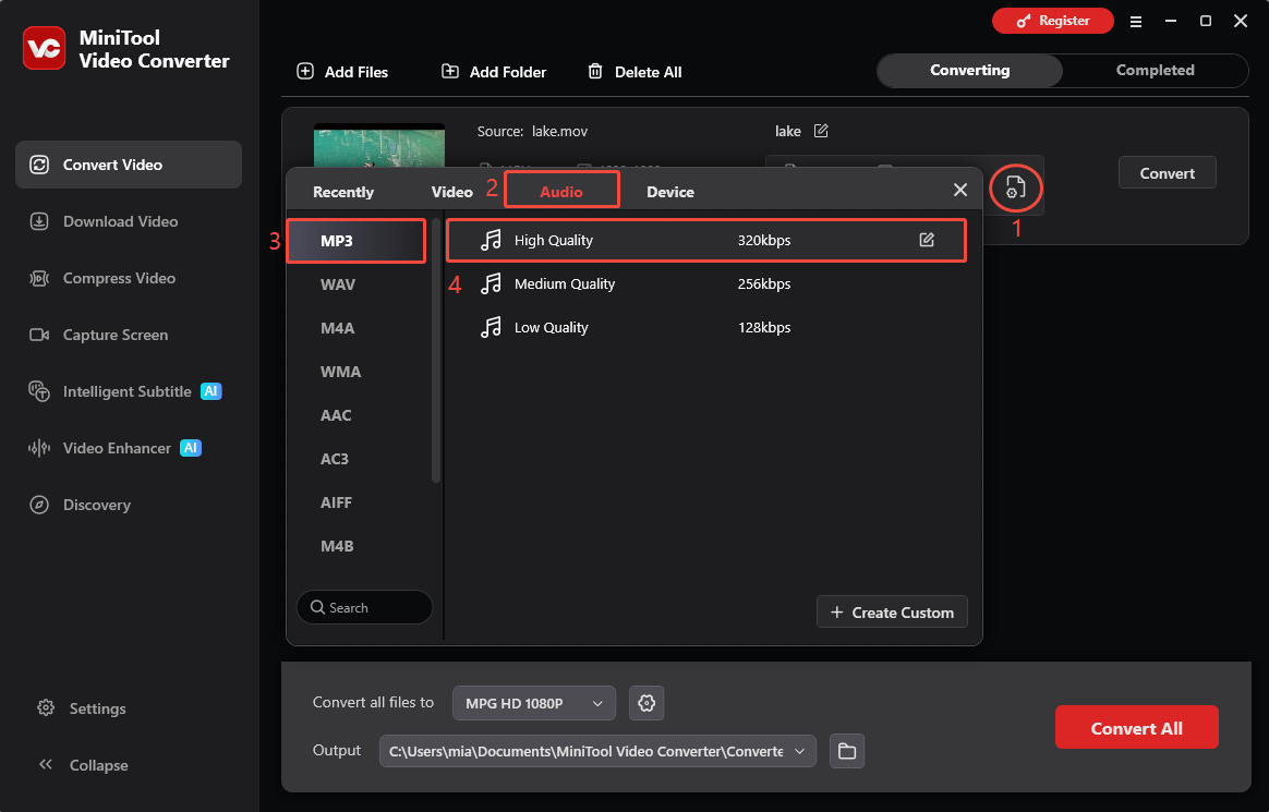 MiniTool Video Converter interface showing how to choose MP3 as the output format.