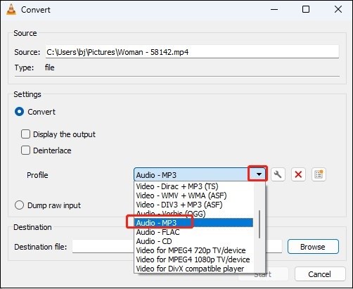 VLC media player Convert window with the Profile menu expanded and the Audio MP3 option highlighted.