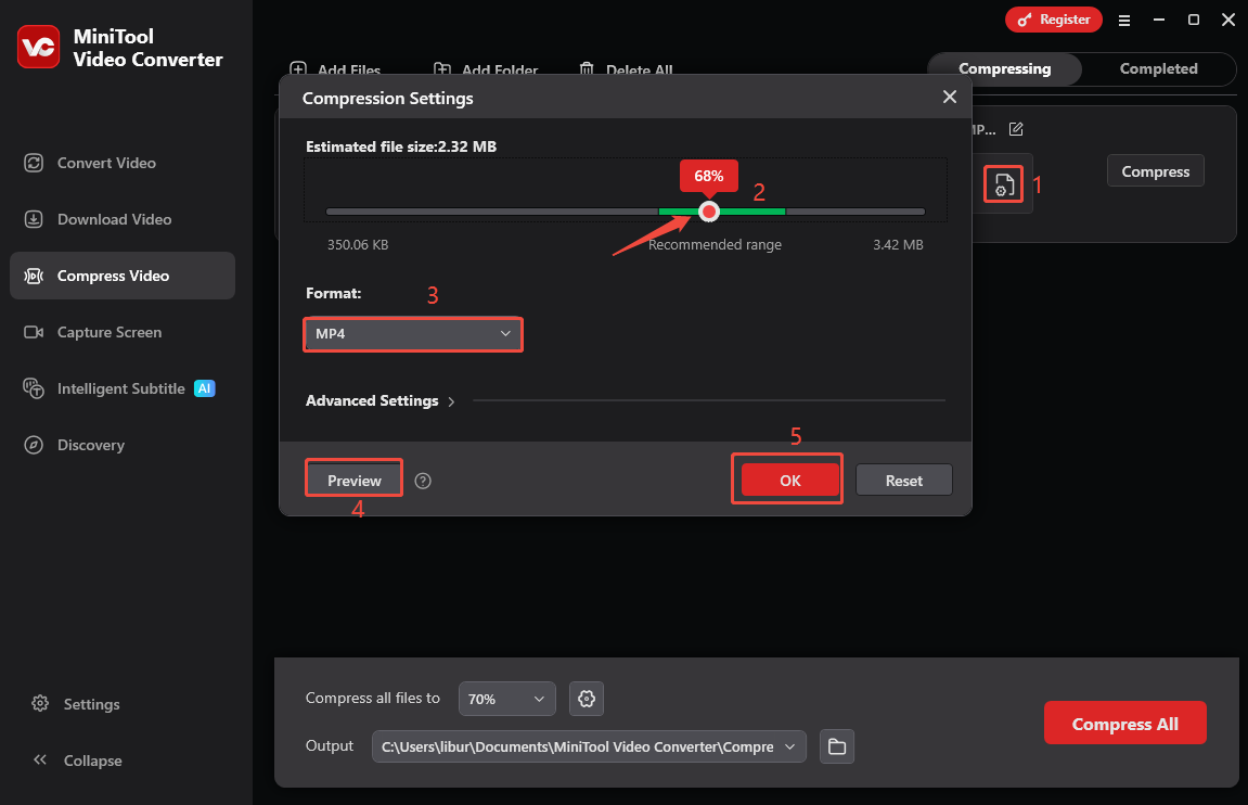 MiniTool Video Converter Compression Settings window showing how to adjust the compression level in the Compress Video tab.