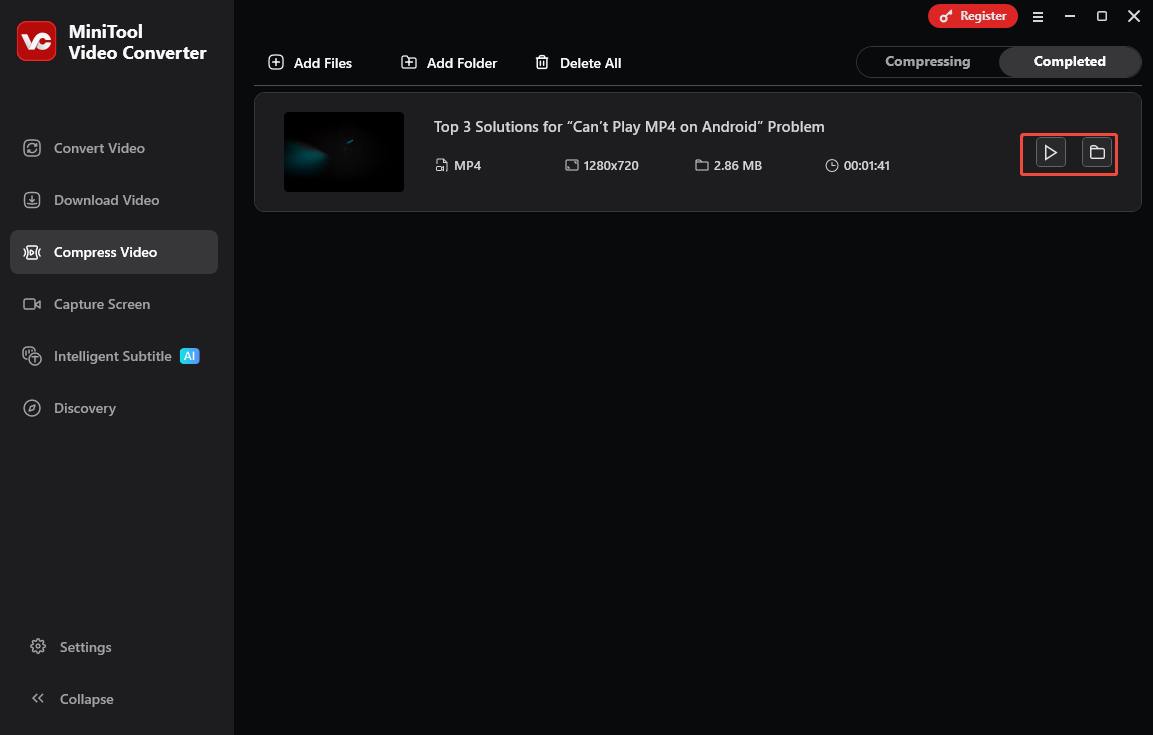 MiniTool Video Converter Completed tab with the Play icon and the Folder icon selected in the Compress Video tab.