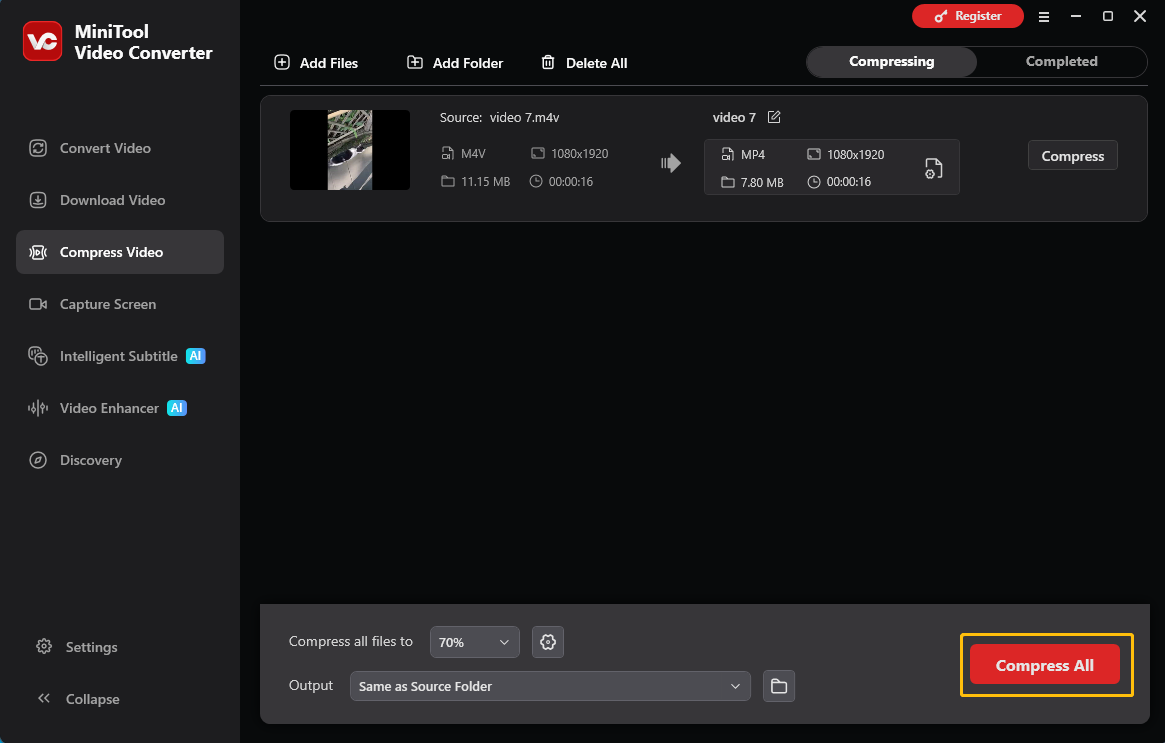 MiniTool Video Converter interface with the Compress All button selected in the Compress Video tab.
