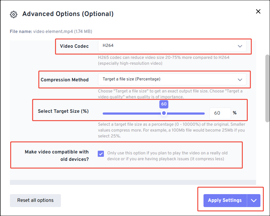 FreeConvert Advanced Options window showing how to reduce the video size.