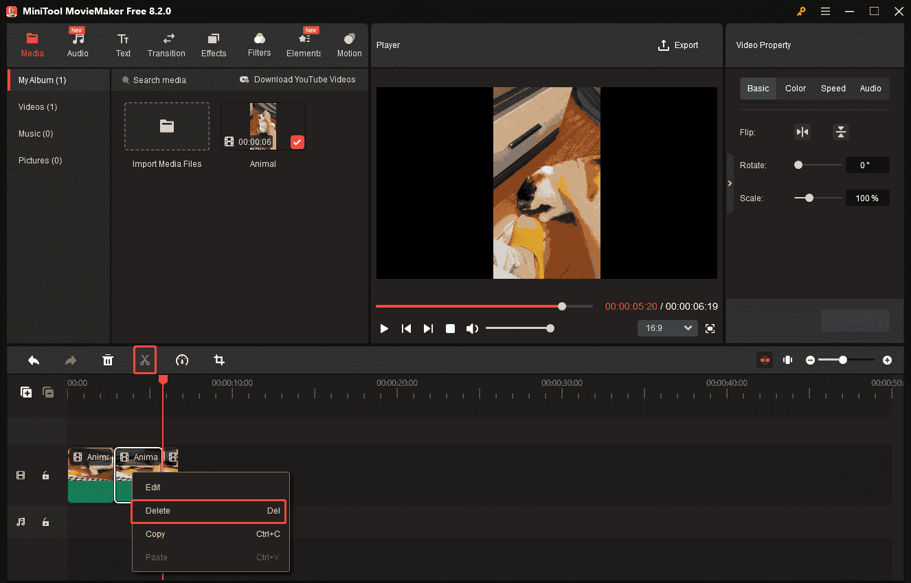 MiniTool MovieMaker interface showing how to cut the video.