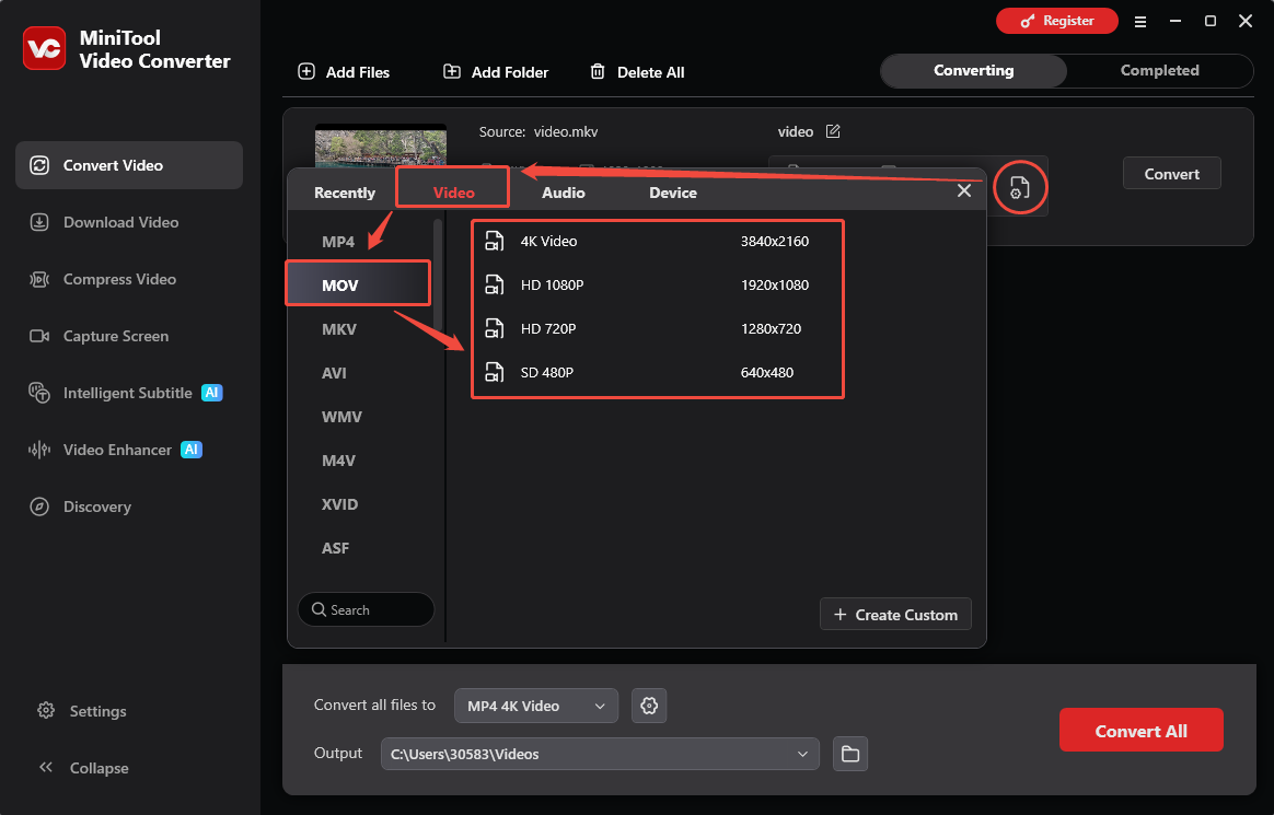 MiniTool Video Converter interface showing how to choose MOV as the output format.