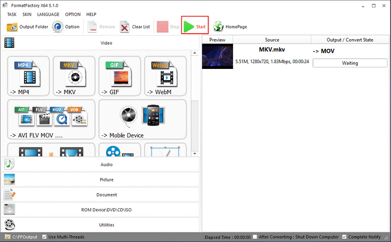 FormatFactory interface with the Start option selected.