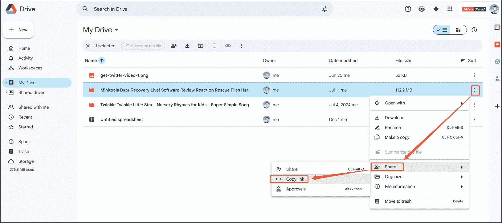 Google Drive My Drive tab showing how to generate a shareable link.