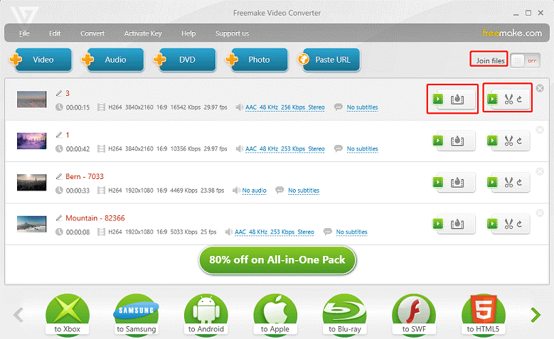Freemake Video Converter interface with the Join files option selected.
