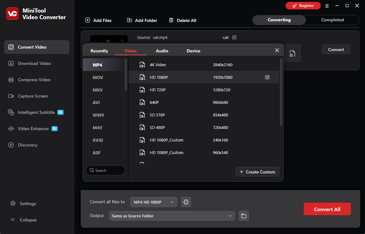 MiniTool Video Converter interface with the output format setting window.