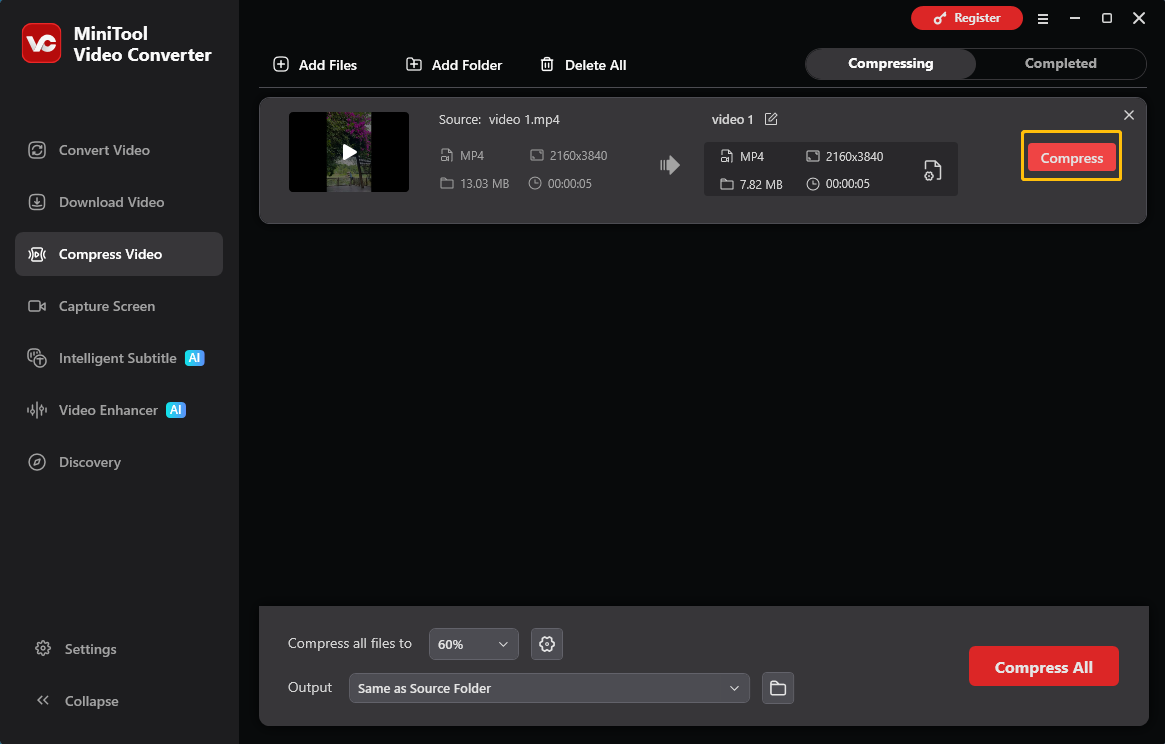MiniTool Video Converter interface with Compress button selected in the Compress Video tab.