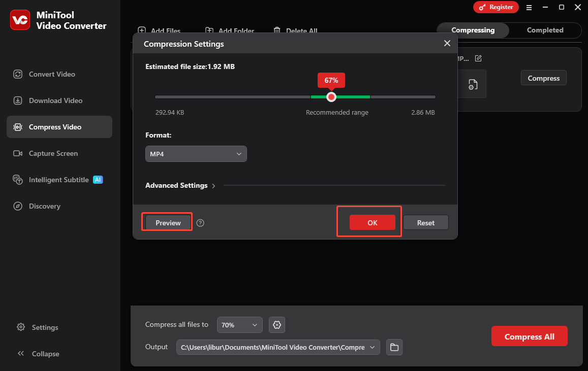 MiniTool Video Converter Compression Settings window showing how to set the compression level in the Compress Video tab.