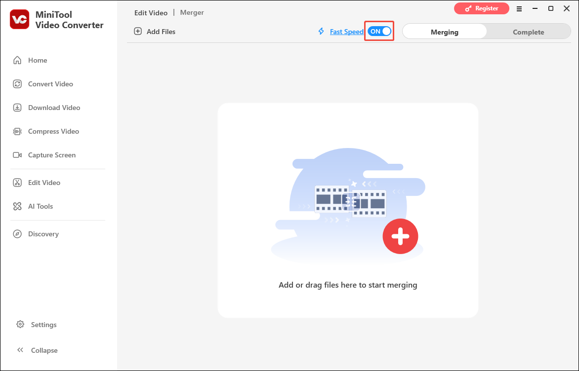 MiniTool Video Converter Edit Video interface with the Fast Speed toggle turned on.