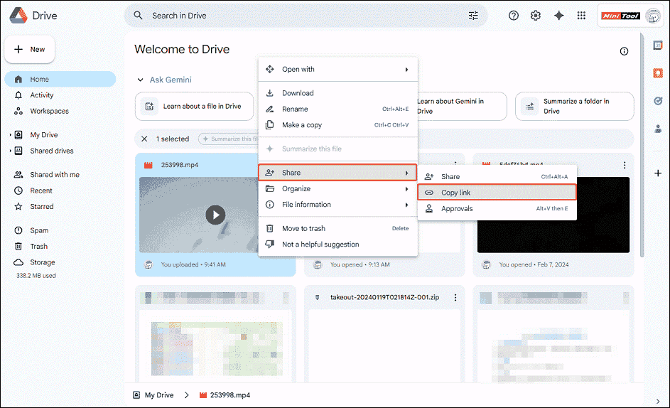 Google Drive interface showing how to generate a shareable link.