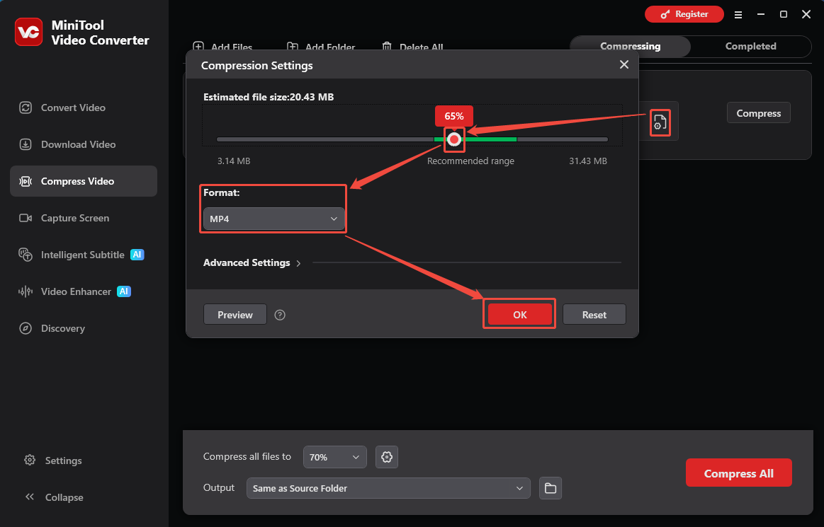 MiniTool Video Converter Compression Settings window showing how to set the compression level in the Compress Video tab.