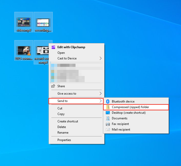 Windows interface showing how to zip a video.