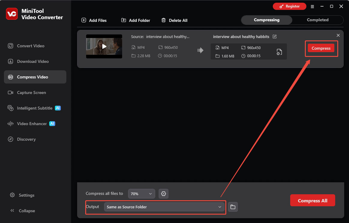 MiniTool Video Converter interface with the Output option and the Compress button selected in the Compress Video tab.