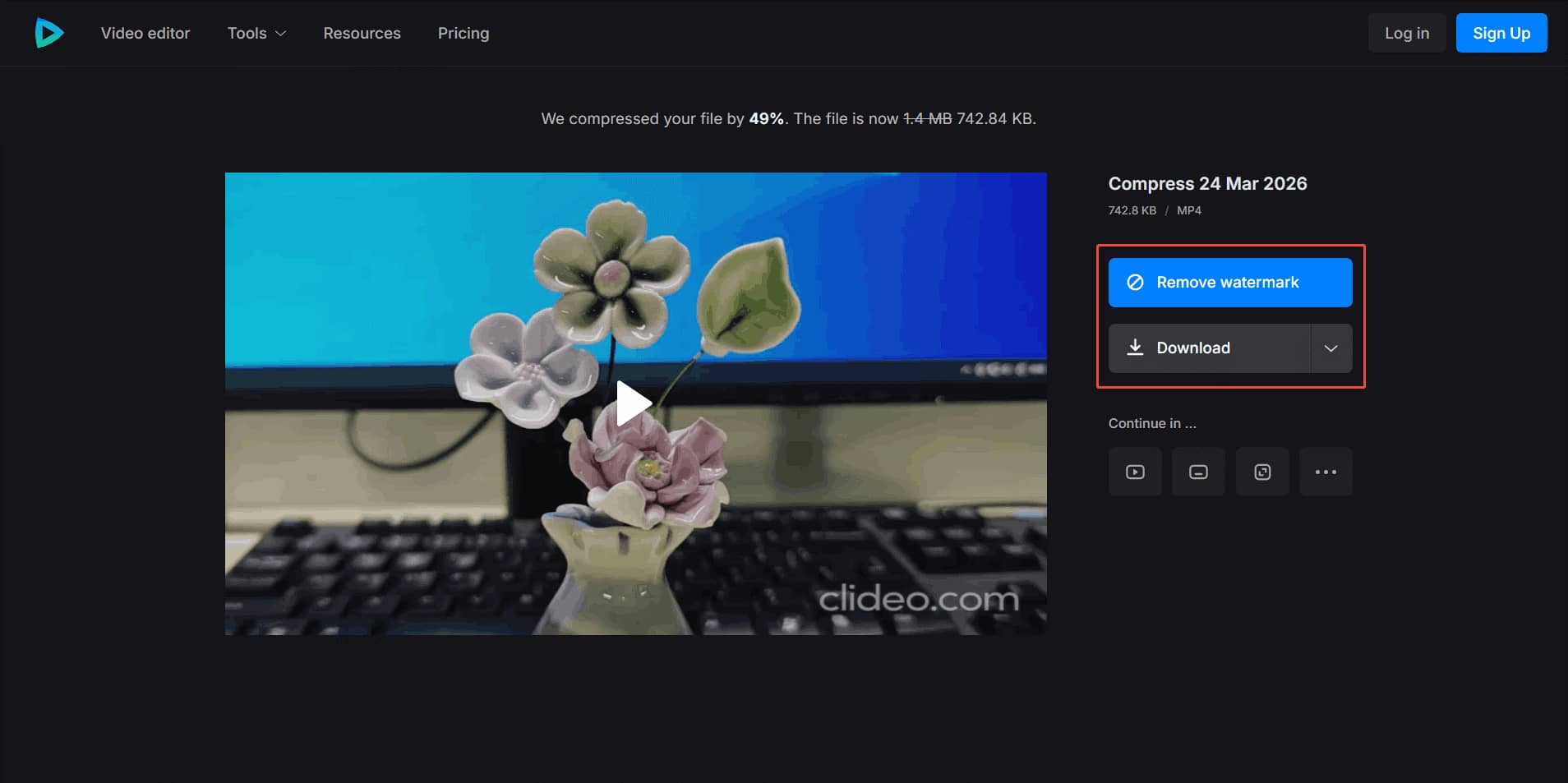 Clideo interface with the Download button selected.
