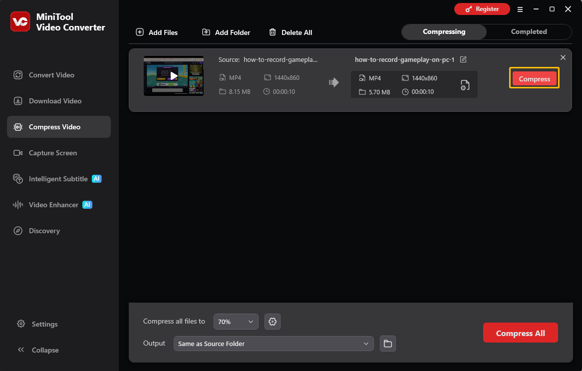 MiniTool Video Converter interface with the Compress button selected in the Compress Video tab.
