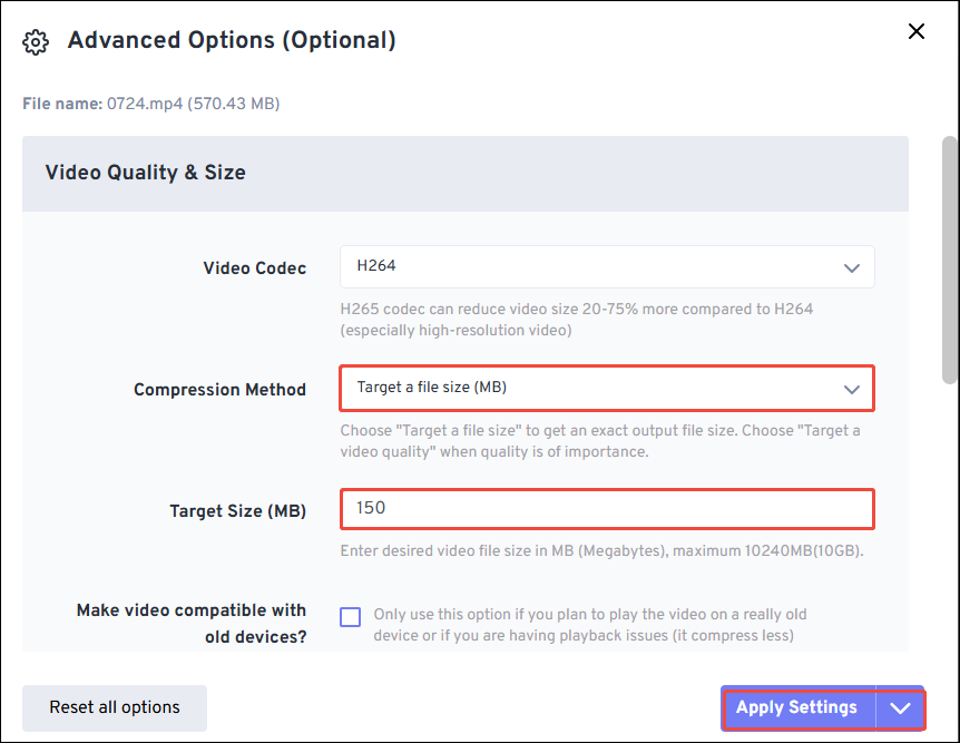 FreeConvert Advanced Options window showing how to adjust the compression level.