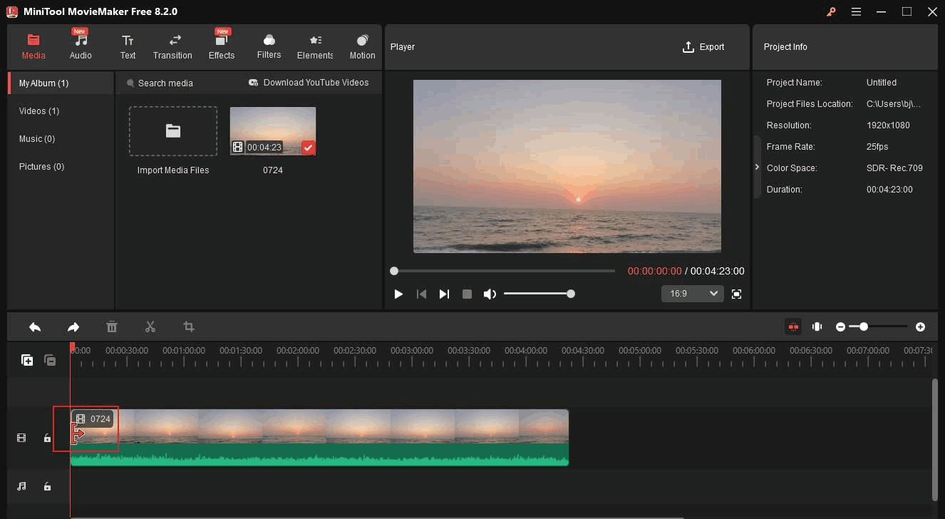 MiniTool MovieMaker interface showing how to drag the arrow to remove the unwanted clip.