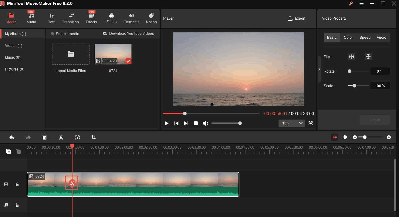 MiniTool MovieMaker interface showing how to use scissors to remove the unwanted clips.
