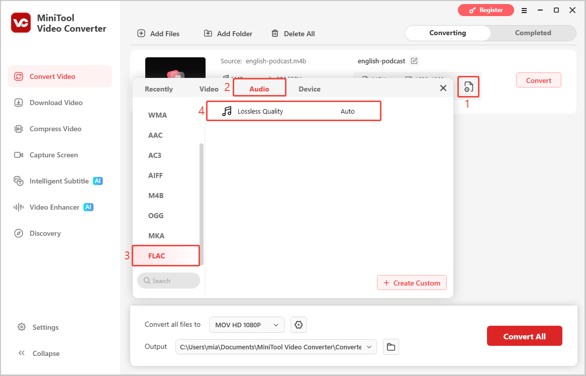 MiniTool Video Converter interface showing how to select FLAC Lossless Quality as the output profile.