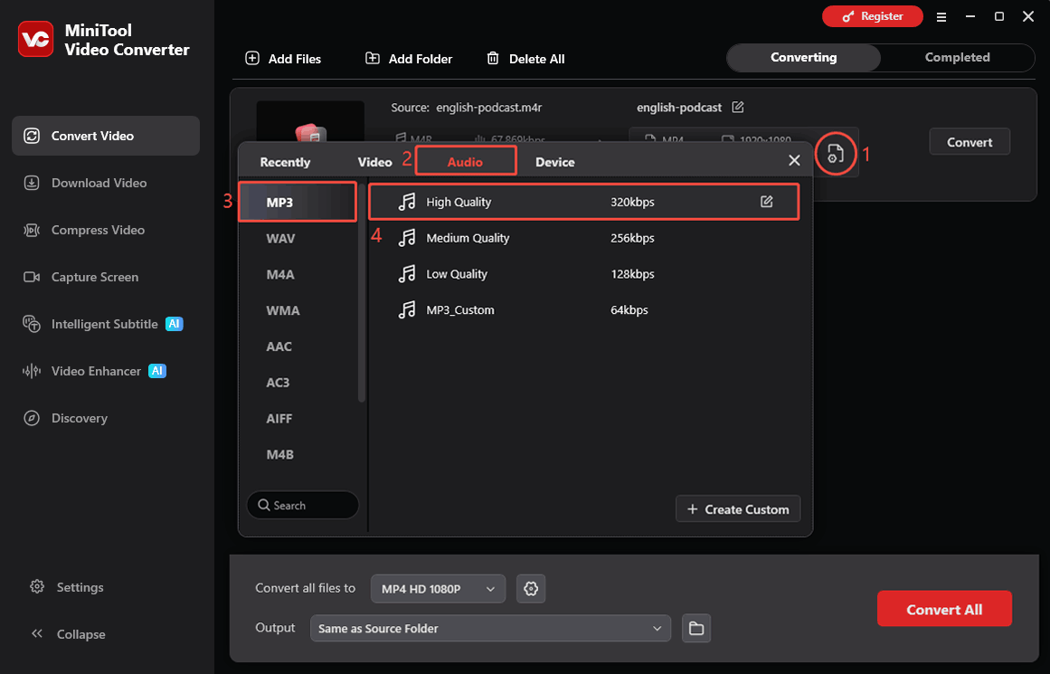 MiniTool Video Converter interface showing how to choose MP3 as the output format.