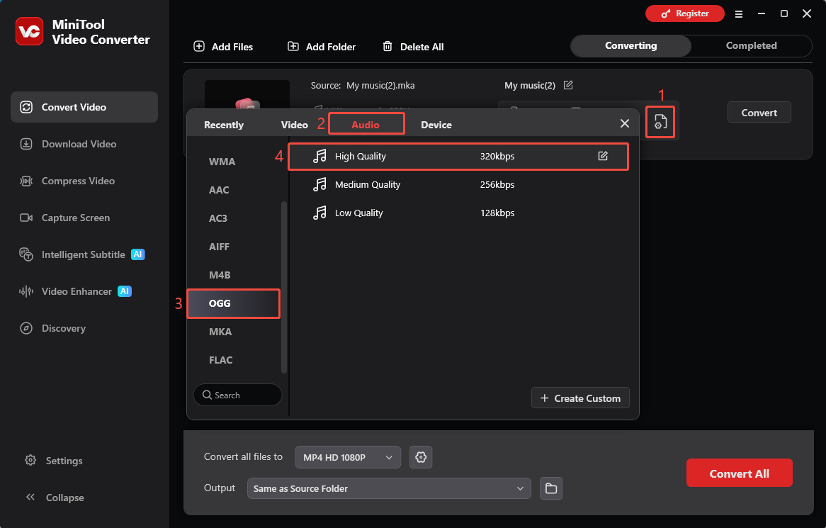 MiniTool Video Converter interface showing how to choose OGG as the output format.