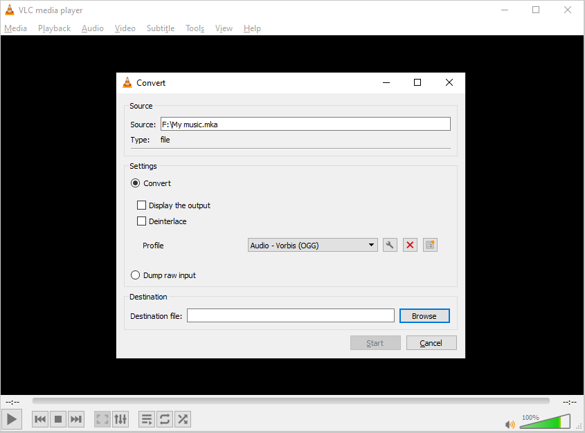 VLC media player interface with the Convert window in the middle.