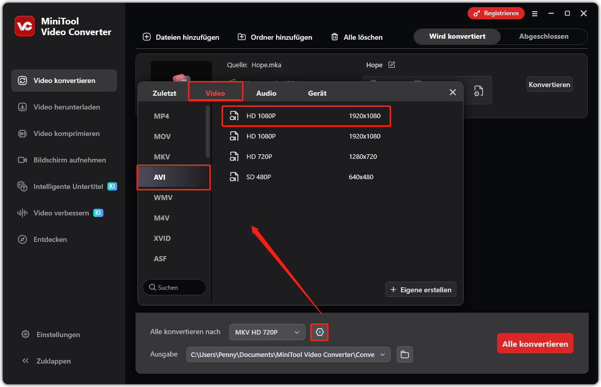 Das Fenster „Ausgabeformat“ von MiniTool Video Converter zeigt, wie Sie auf der Registerkarte „Video konvertieren“ AVI als Ausgabeformat festlegen.