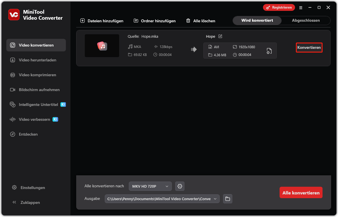 Benutzeroberfläche von MiniTool Video Converter mit der Option „Ausgabe“ und der Schaltfläche „Konvertieren“, die auf der Registerkarte „Video konvertieren“ ausgewählt sind.