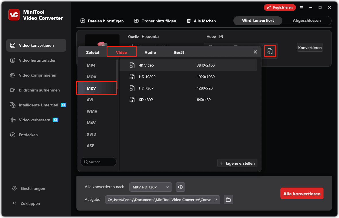 Die Benutzeroberfläche von MiniTool Video Converter zeigt, wie Sie MKV als Ausgabeformat auswählen und die Konvertierung starten.