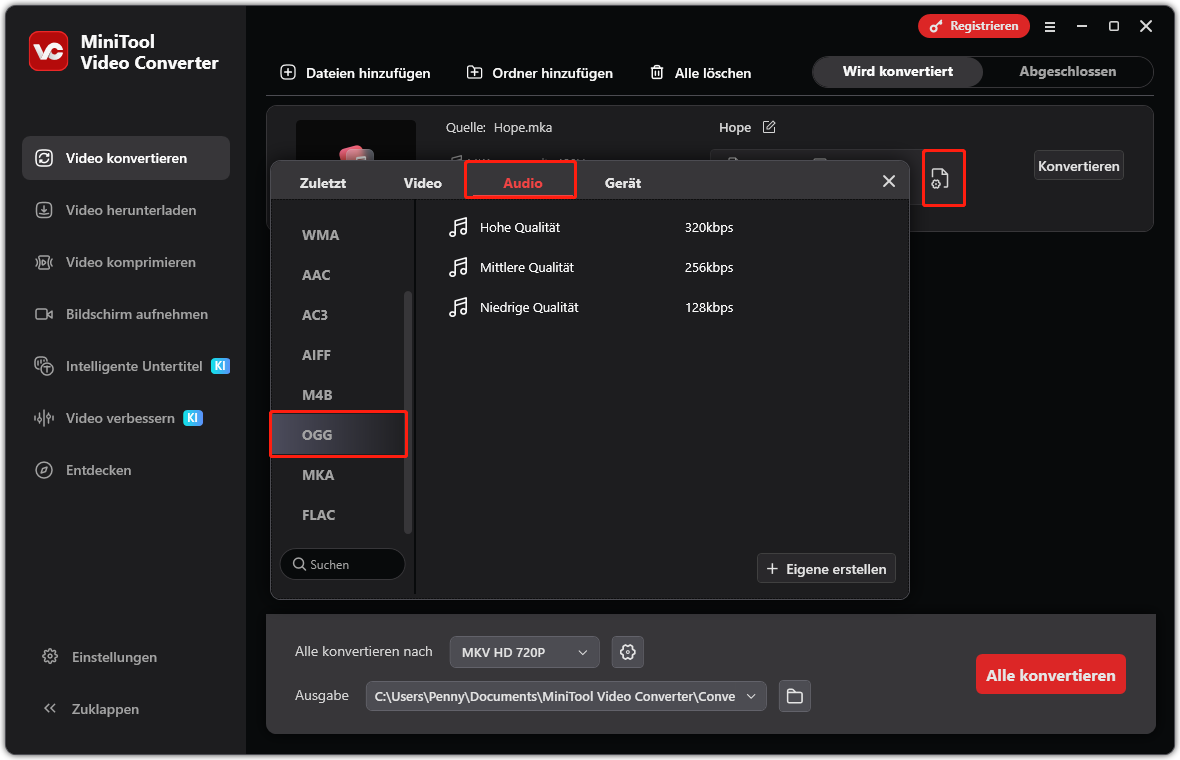 Benutzeroberfläche von MiniTool Video Converter, die zeigt, wie man OGG als Ausgabeformat auswählt.
